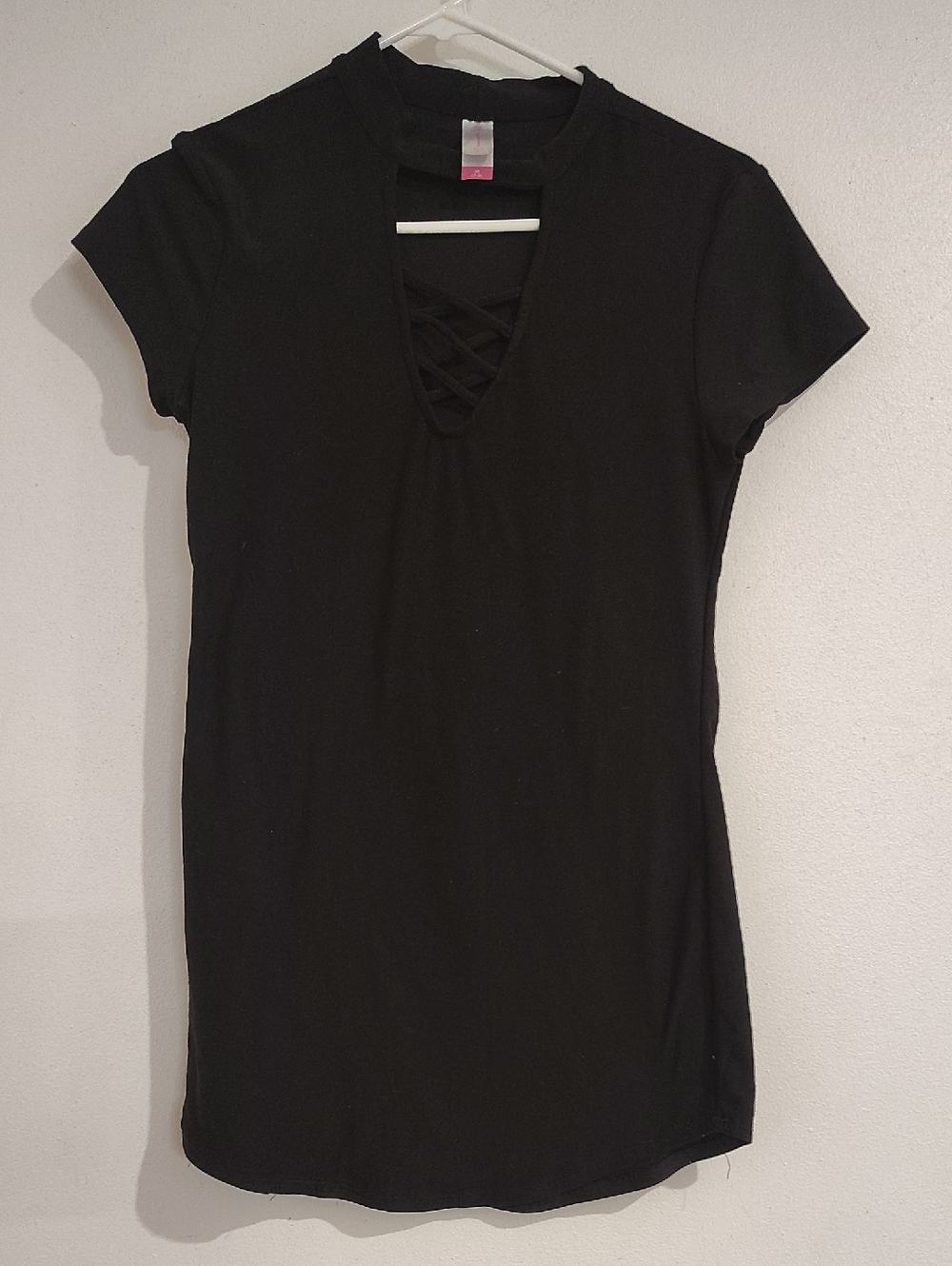 No Boundaries Black Short-Sleeve Mini Dress with Lattice V-Neck